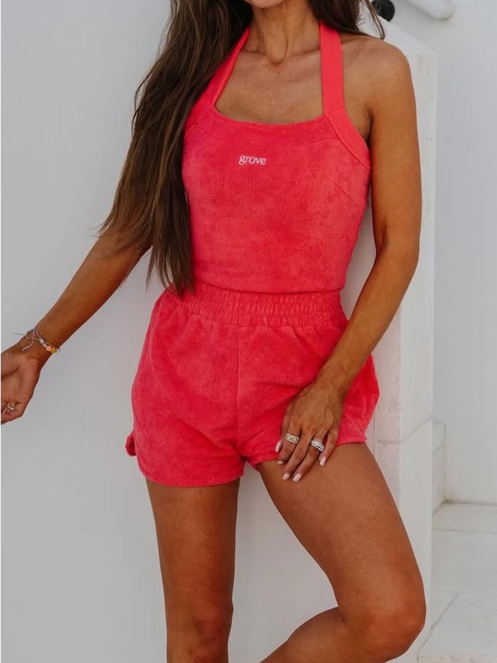 Grove Women's Coral Halter Crop Top and short SET